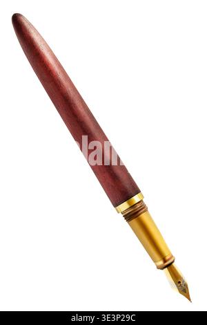 Elegant vintage wooden and golden nib pen isolated on white background Stock Photo