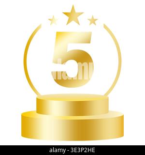 Golden number five. 5 ranking icon. Achievement Vector trophy. Anniversary award pedestal. Manual vector only. No autotrace used. Stock Vector