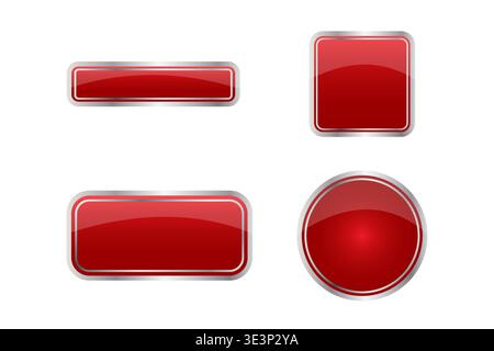 Glossy red button set. Shiny glass Vector. Web panel symbol. Round square icons. Manual vector only. No autotrace used. Stock Vector