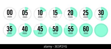 Timer icons set. Minutes Vector clock. Progress circle symbols. Green time detail. Manual vector only. No autotrace used. Stock Vector