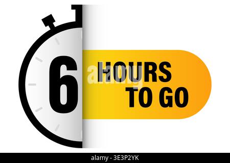 Six hours label. Six 6 Vector. Professional stopwatch banner. Yellow 6 countdown. Manual vector only. No autotrace used. Stock Vector