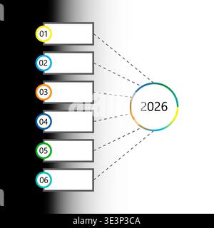 Infochart 2026 plan. Six steps list. Numbered Vector set. Black gradient chart. Manual vector only. No autotrace used. Stock Vector