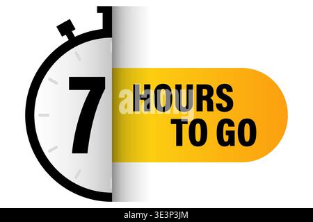 Seven hours remaining. Seven 7 Vector. Stopwatch countdown icon. Yellow time banner. Manual vector only. No autotrace used. Stock Vector