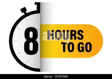 Eight hours timer. Countdown clock Vector. 8 hours text. Yellow banner detail. Manual vector only. No autotrace used. Stock Vector