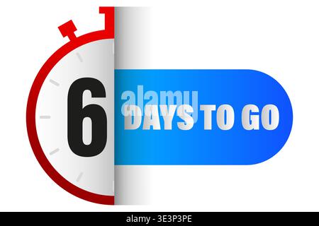 Countdown timer banner. Number six 6 label. Vector six days left. Blue red clock. Manual vector only. No autotrace used. Stock Vector