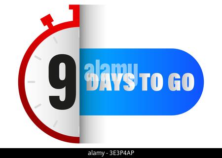 Nine days timer. Countdown clock Vector. 9 days text. Blue banner detail. Manual vector only. No autotrace used. Stock Vector