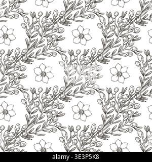 Floral lace seamless pattern with wildflower and daffodil bouquet. Hand drawn vector line design in vintage sketch style. Graphic print ideal for wallpaper. Perfect for wedding fabric and paper. Stock Vector