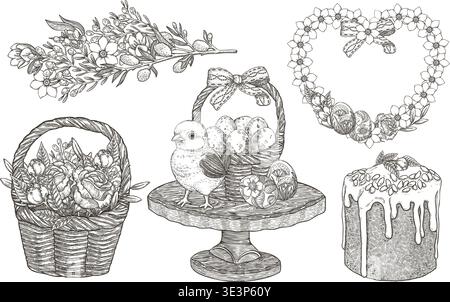 Easter vector set with chick on the wood tray and rose flower basket. Hand drawn vintage outline illustration with willow and jasmine bouquet and heart frame. Perfect for traditional holiday card. Stock Vector