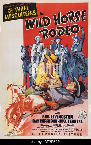 This vintage American movie poster from 1937 advertises the Republic Pictures film "Wild Horse Rodeo" starring Bob Livingston, Ray Corrigan, and Max Terhune, part of "The Three Mesquiteers" series. The illustration dramatically depicts a cowboy receiving aid as others watch from horseback, set against a vibrant red and white background. Stock Photo