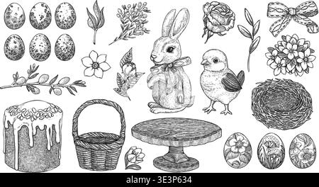 Easter graphic outline set of eggs chick bunny basket nest and festive cake. Hand drawn vector vintage illustration. A timeless and charming collection perfect for traditional and aesthetic design. Stock Vector