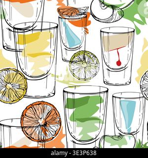Flatliner, Slippery nipple, Appletini, Blue Kamikaze Multicolor tile of assorted shot ink silhouettes. Hand drawn vector seamless design for festive Stock Vector