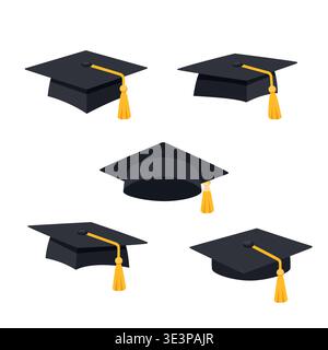 Graduation caps set with yellow tassels. Academic hats in different angles for student ceremony illustration isolated on white. Stock Vector