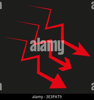 Red jagged arrow. Three Vector lightning. Sharp crash symbol. Dark crisis graphic. Manual vector only. No autotrace used. EPS 10. Stock Vector