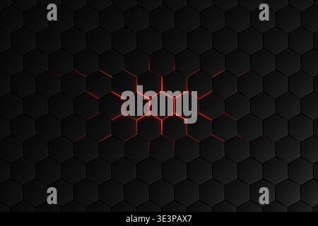 Dark Hexagonal Pattern with Red Glow Center, Abstract Tech Background. High quality photo Stock Photo