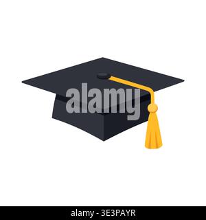 Academic graduation cap turned to the left. Black mortarboard hat with yellow tassel isolated on white. Stock Vector