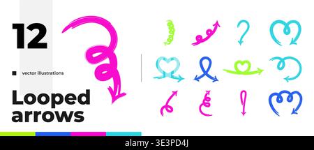Curved looped multicolor bold thick stroke arrow set Stock Vector