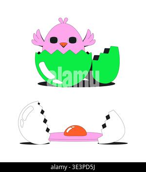 Cute chick hatching from egg modern flash message illustration set Stock Vector