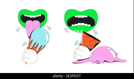 Enjoying ice cream and dropped scoop modern flash message illustration set Stock Vector