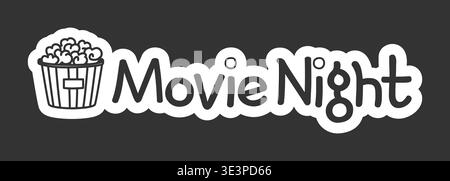 Movie night black and white line drawing sticker Stock Vector