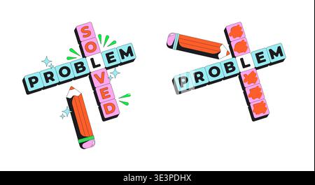 Problem solved crossword modern flash message illustration set Stock Vector