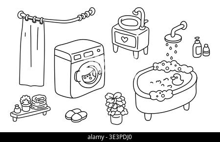 Bathroom doodle vector coloring page set for kids and adults Cute line art icons flat Stock Vector