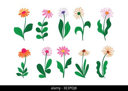 Colorful Hand Drawn Cartoon Floral Icon Collection. Sweet doodle drawings of flat daisy and wildflower symbols isolated on white background. Spring Stock Vector