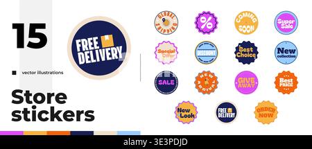 Modern store colorful sticker pack illustration Stock Vector