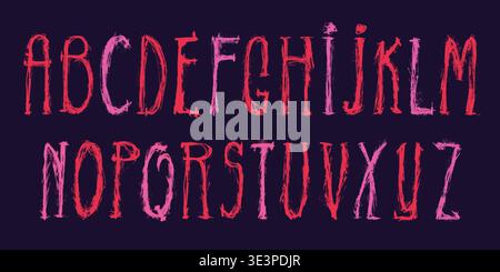 Colorful Hand Drawn Grunge Alphabet with Capital Letters. Dirty doodle letters with halftone texture isolated on dark background. Typographic brush Stock Vector