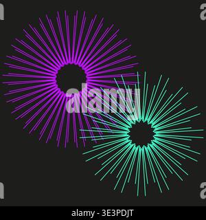 Radial burst set. Color Vector firework. Neon line circle. Bright flash shape. Manual vector only. No autotrace used. EPS 10. Stock Vector