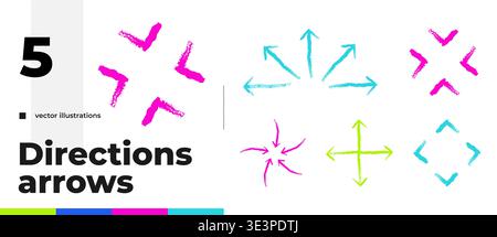 Directional multicolored grunge doodle arrow set Stock Vector