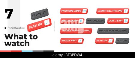 Video navigation and playlist control isometric social media UI button set Stock Vector