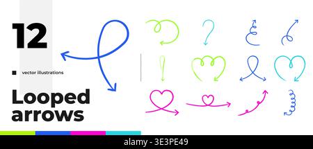 Curved and looped colorful hand-drawn sketch arrow set Stock Vector