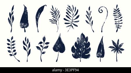 Hand Drawn Tropical Leaf Icon Collection with Grunge Texture. Organic ink doodle drawings of tropical foliage leaves isolated on white background Stock Vector
