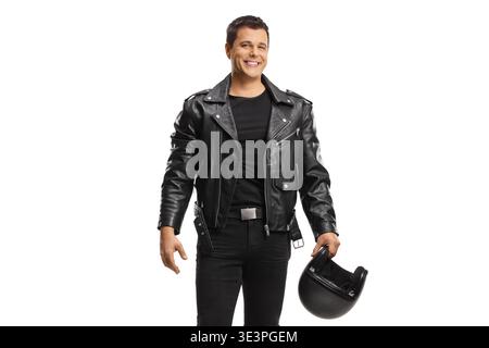 Man in a leather jacket holding a motorbike helmet isolated on white background Stock Photo