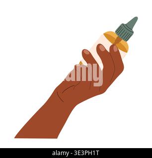 Dark brown hand holding a cosmetic dropper bottle Stock Vector