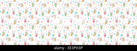 Seamless pattern with cute rabbits, carrots, Easter eggs and flowers on light background. Colorful spring illustration perfect for fabric, wrapping paper, kids design, textiles, and holiday decor. Stock Vector