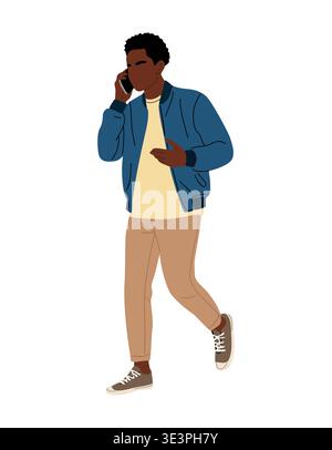 Black man walking and talking on a smartphone Stock Vector
