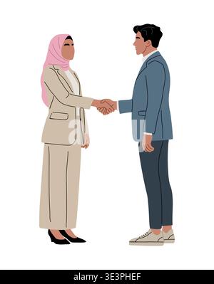 Handshake between woman in hijab and a man in suit Stock Vector