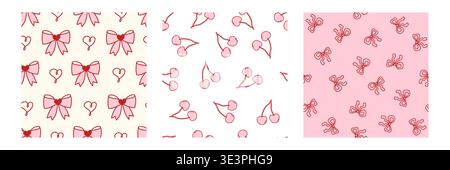 Seamless cherry pattern with cute bows and hearts on pink background. Sweet fruit print perfect for girly Valentine designs, retro fabric, trendy wallpaper, romantic gift wrapping. Stock Vector