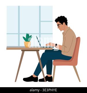 A person working from home at a desk with laptop Stock Vector