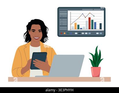 A woman analyzing data on tablet and laptop Stock Vector
