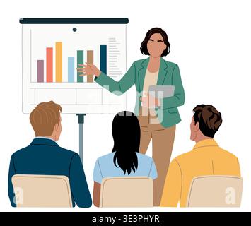 Business presentation with a woman presents charts Stock Vector