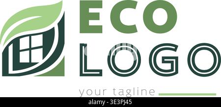 Eco logo vector design with leaf and window house icon. Modern green branding for ecology, sustainability and energy saving windows. Clean minimal Stock Vector