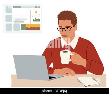 Man in red sweater working from home with laptop Stock Vector