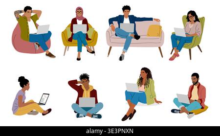 Set of diverse people working remotely from home Stock Vector