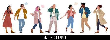 Diverse men, women walking, talking on smartphones Stock Vector