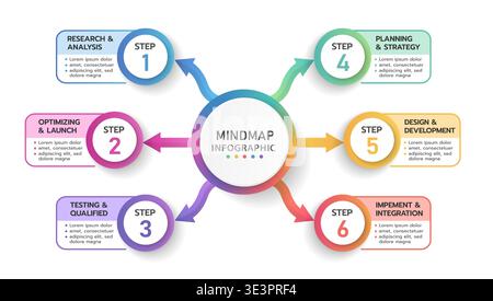 Infographic template for business. 6 Steps Modern Mindmap diagram with topics and icons, project planning, presentation vector infographic. Stock Vector