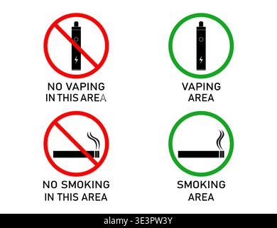 No Vaping and No Smoking Signs With Vaping Area and Smoking Area Symbols. Stock Vector