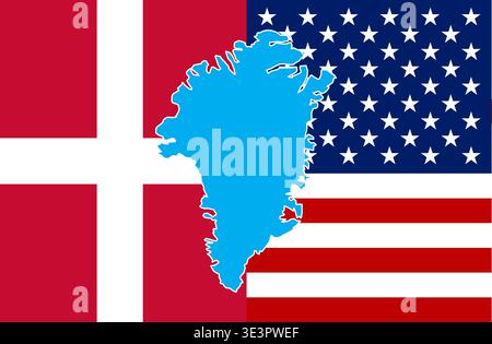 Denmark Flag And United States Flag With Greenland Map Silhouette Overlay In A Global Context. Stock Vector