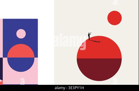 Businessman with Telescope on Abstract Planet Vision Future Exploration Leadership Innovation Vector Minimal Concept Illustration Stock Vector